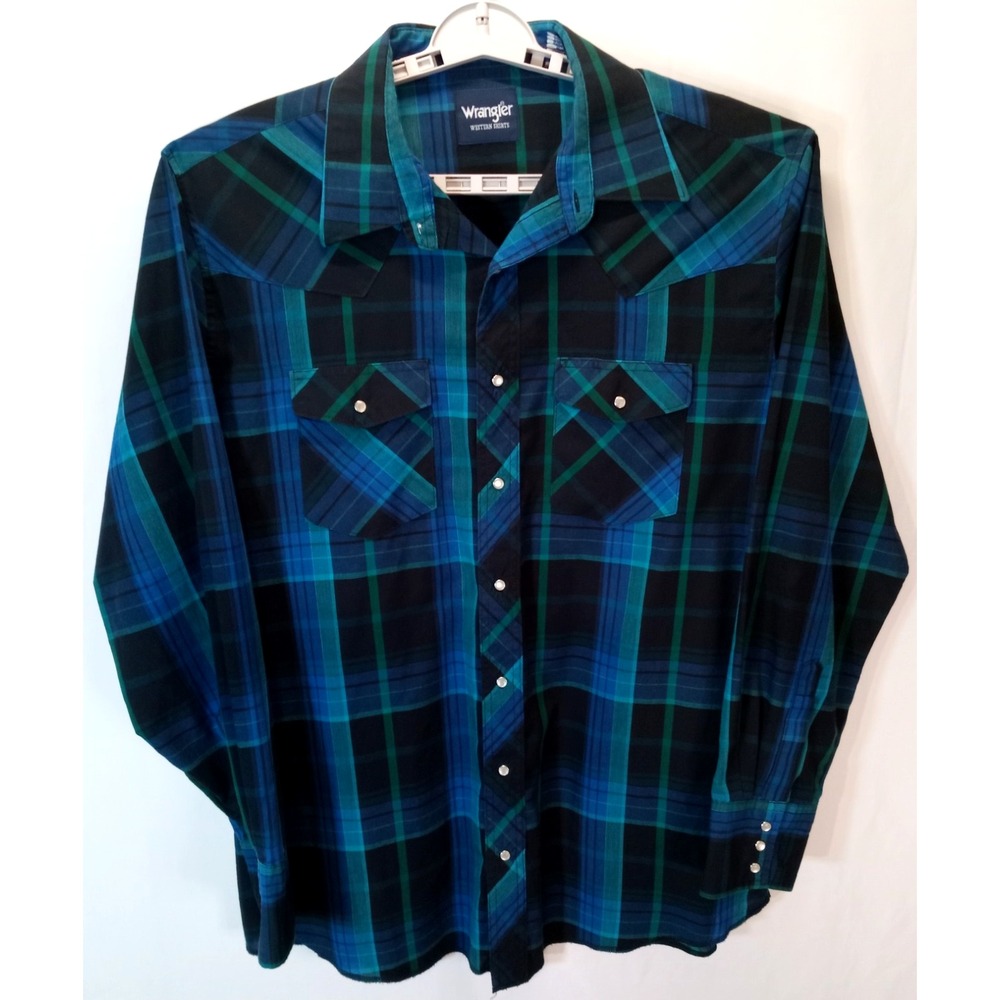 Wrangler Western Long Sleeve Button Down Pearl Snap Men's Shirt, 17.5x37, Plaid